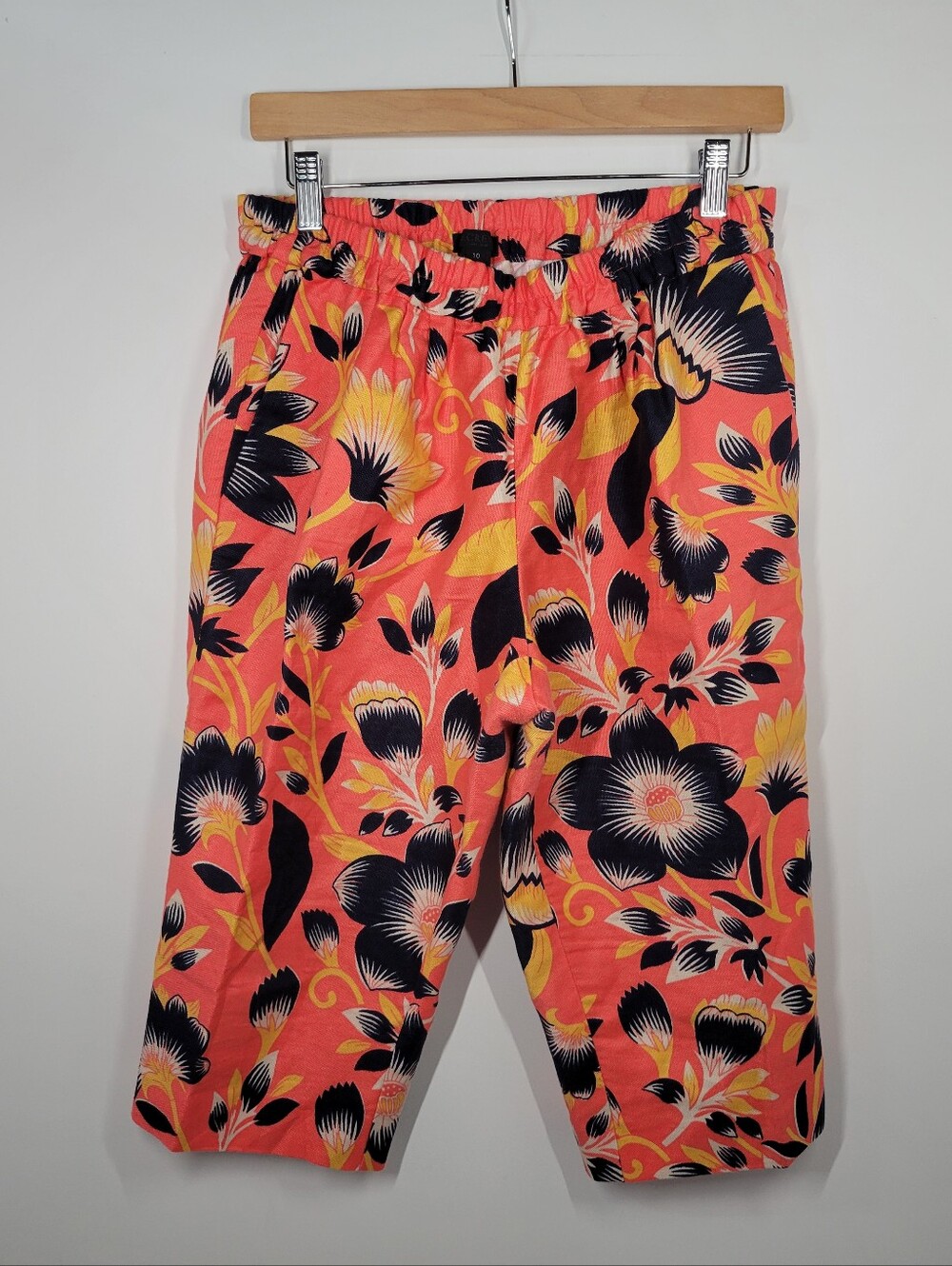J. Crew 100% Linen Orange Floral Capri Cropped Pants With Pockets Women Size 10